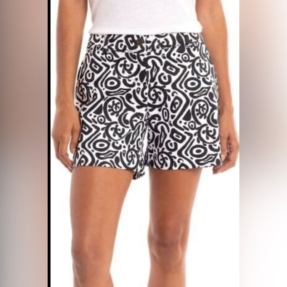 Ann Taylor Navy Blue Print High Rise Shorts Front‎ Zip  Size 14
